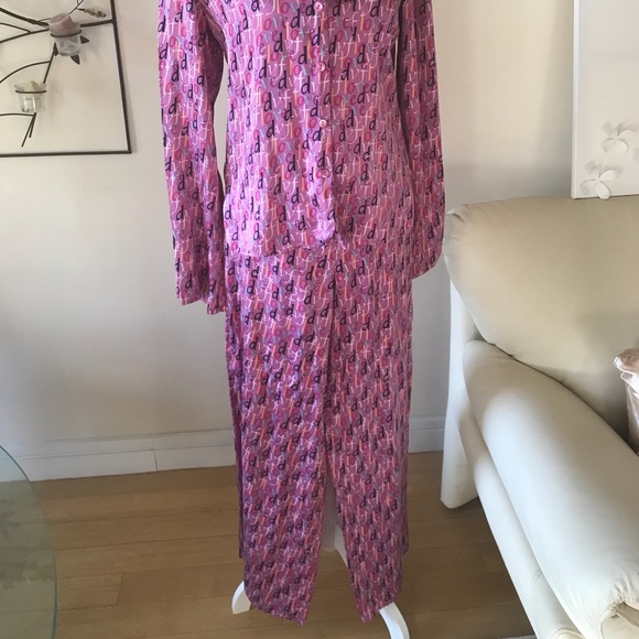 Vintage Diane Von Furstenberg Pink Silk DVF Logo Print Luxe Pajamas Size Medium - Picture 7 of 8